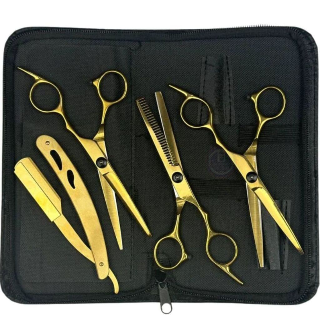 Kit 3 Tesouras Profissional Barbeiro Fio Navalha Desbaste p/ Cortar Cabelo Dourado Preto Prata