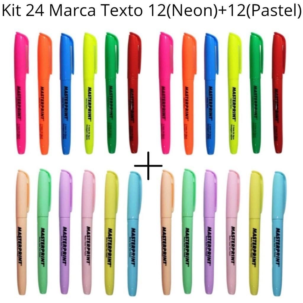 Kit 24 Marca Texto (12 Neon + 12 pastel) Marcador de Texto Masterprint