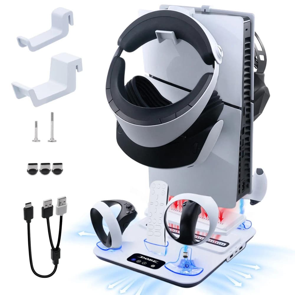 Suporte Multifuncional Cooler 2 ventoinhas Carregador Controle PS VR2 Compatível com PS5/PS5 Slim