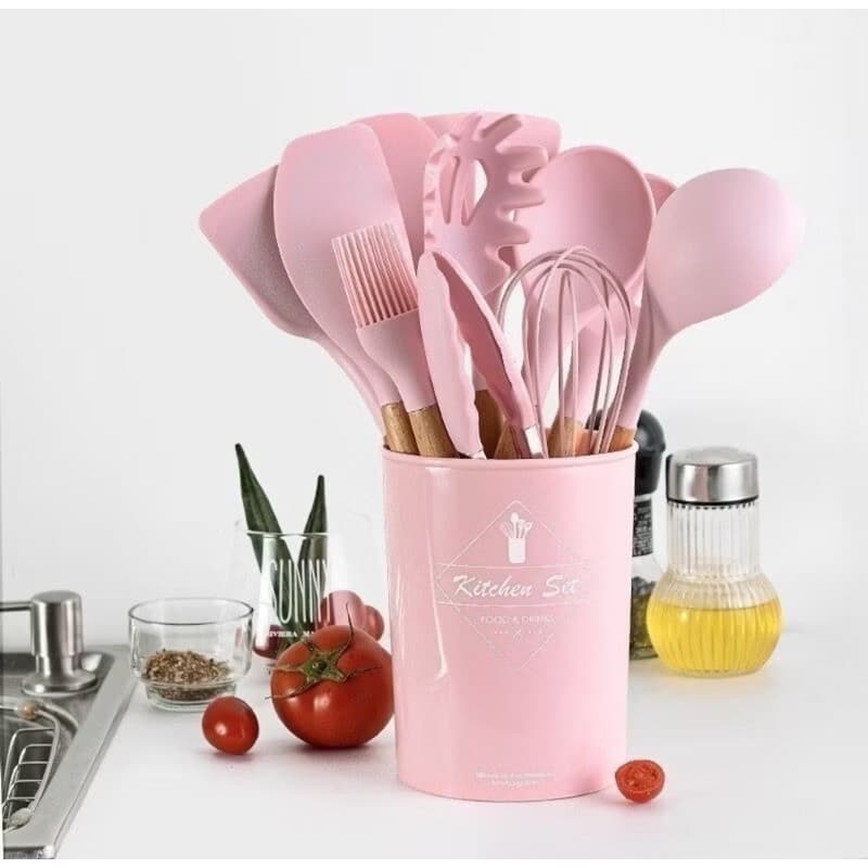 Mini Kit C/12 Peças de Silicone, Utensílios e Copo Suporte para Cozinha Cabo de Madeira