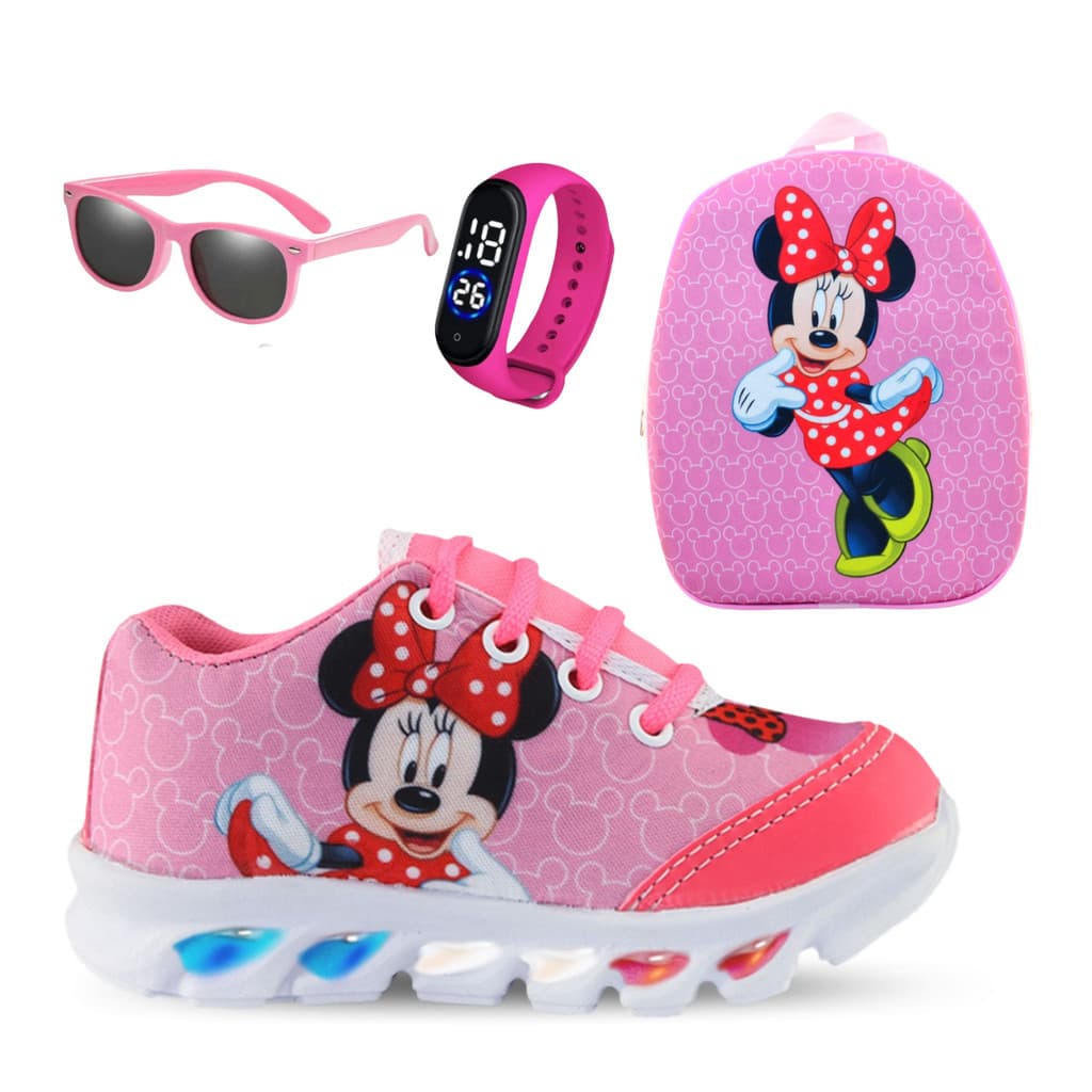 Tênis de Led Infantil Feminino Minnie com Mochila Relógio e Óculos