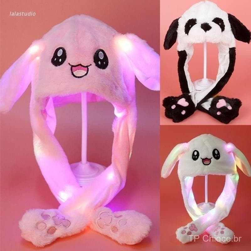 Chapéu Pelúcia Com Claro LED Orelhas Movem Desenho Coelho Panda