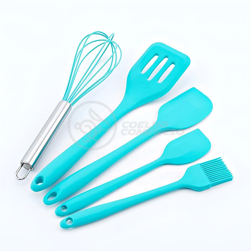 Conjunto de Utensílios de Silicone Kit 5 Peças Espátulas Pincel e Batedor Manual - Azul