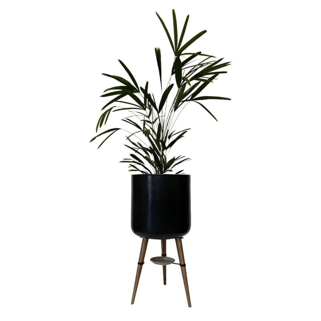 Vaso Cilindro para Plantas 40cm com Tripé de Madeira e Prato