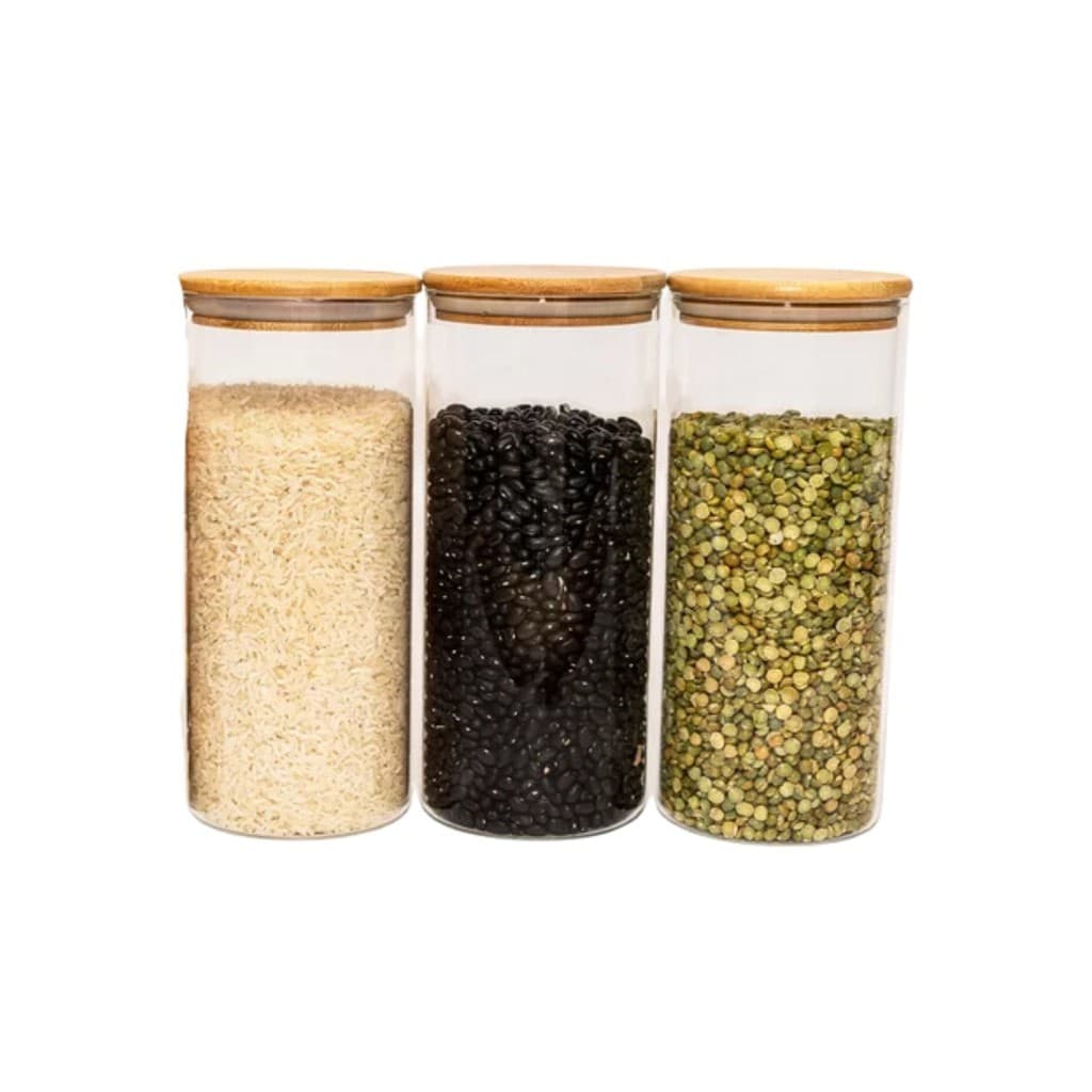 Kit 3 Pote Porta Condimentos Mantimentos Design Elegante Tampa De Bambu Hermético 1250ml