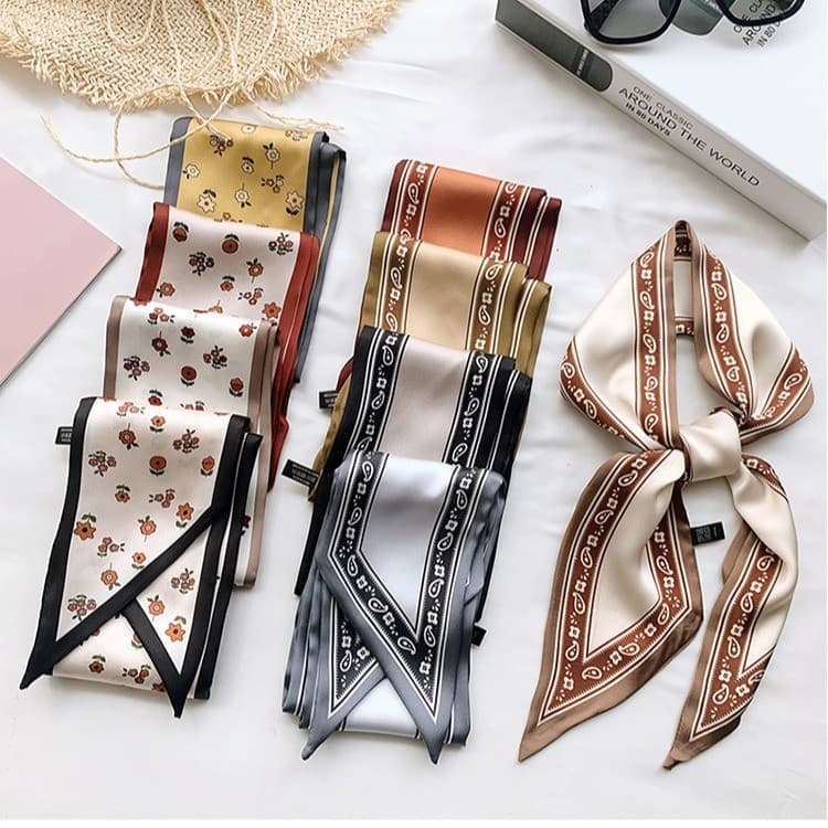 Novo lenço de seda longo estilo ins para mulheres, primavera e verão, versátil como lenço de pescoço coreano, faixa de c