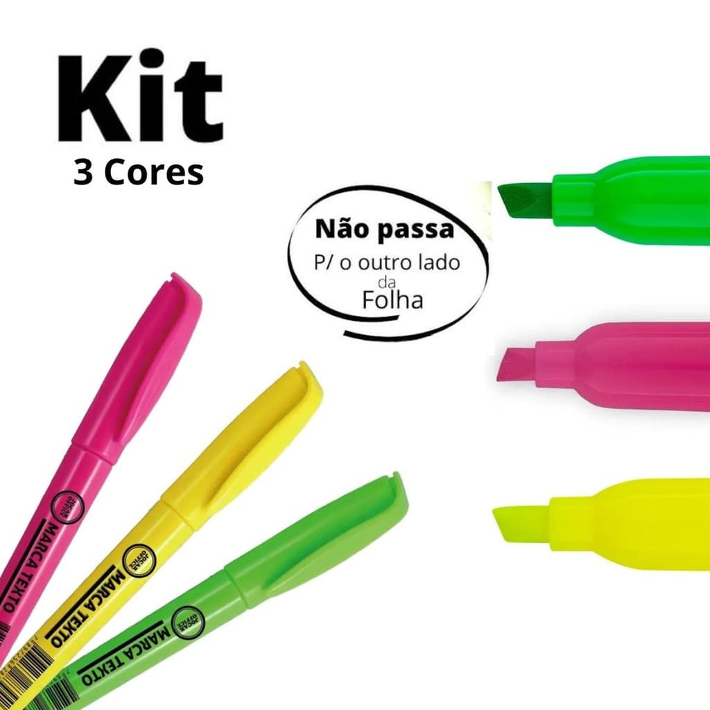 KIT 3 CANETA MARCA TEXTO MARCADOR SLIM FLUORESCENTE  NEON JOCAR OFFICE - LEONORA