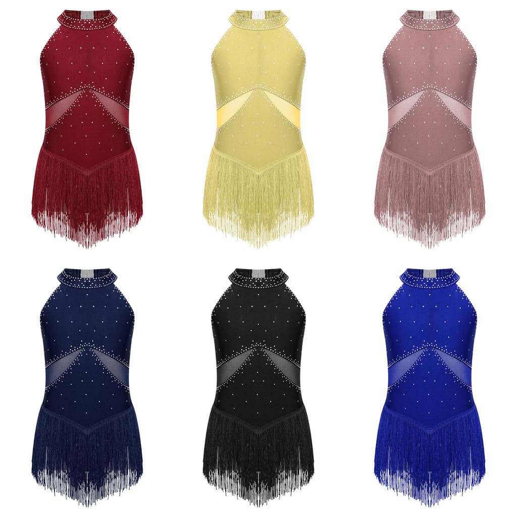 Aislor Crianças Meninas Strass Brilhantes Franjas Collant Pura Malha Retalhos Buraco De Fechadura Volta Borla Bodysuit P