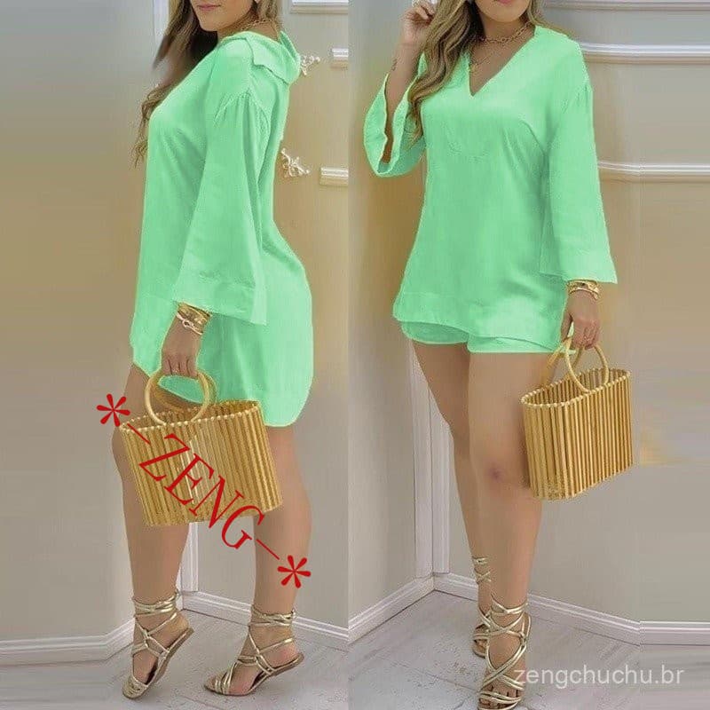 Conjunto De Terno De Verão Feminino De Duas Peças De Manga Lisa Com Decote Em