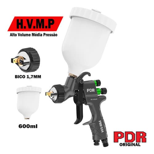 Pistola Pintura Veicular Gravidade Hvmp Bico 1,7mm 600ml Pdr Uso Profissional Cor Cinza