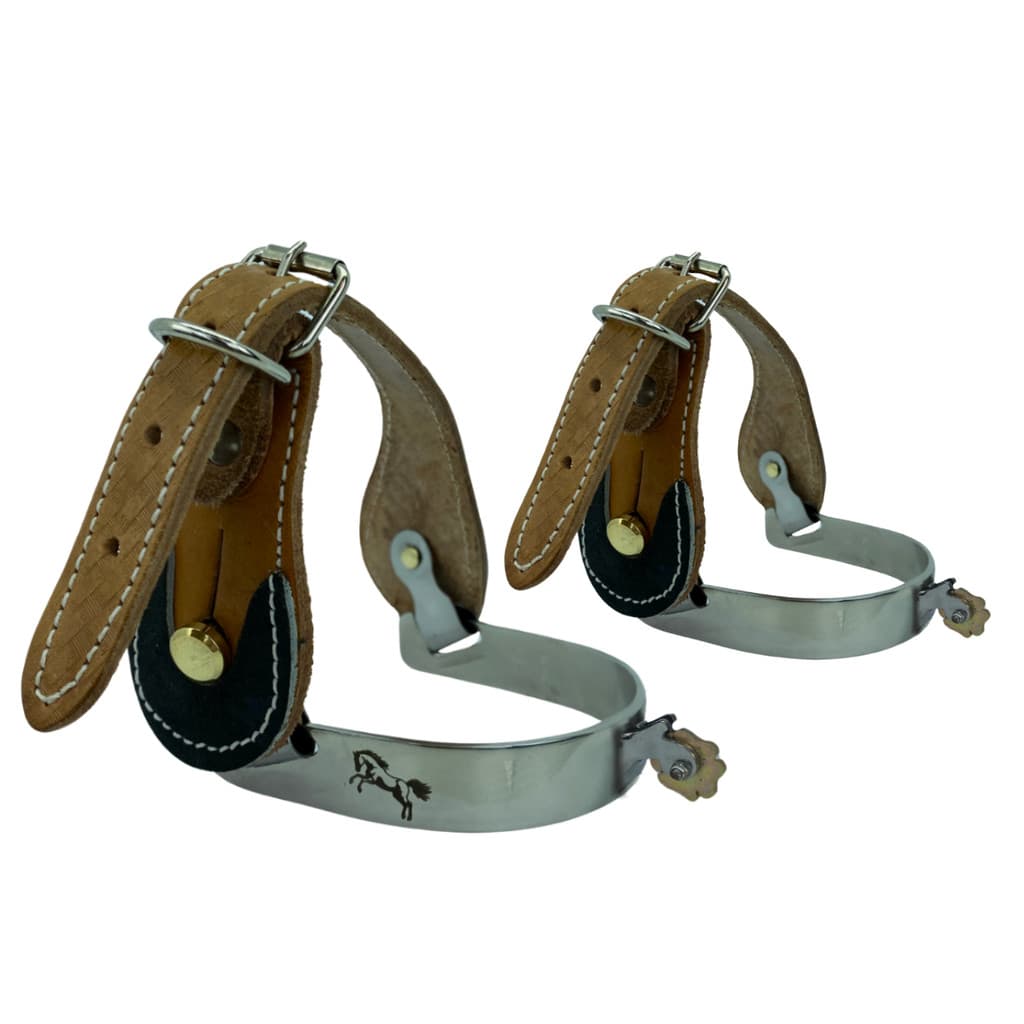 Kit espora crista curtinha inox com roseta trevo em metal + correia em couro legítimo bovino cavalgada dia a dia doma