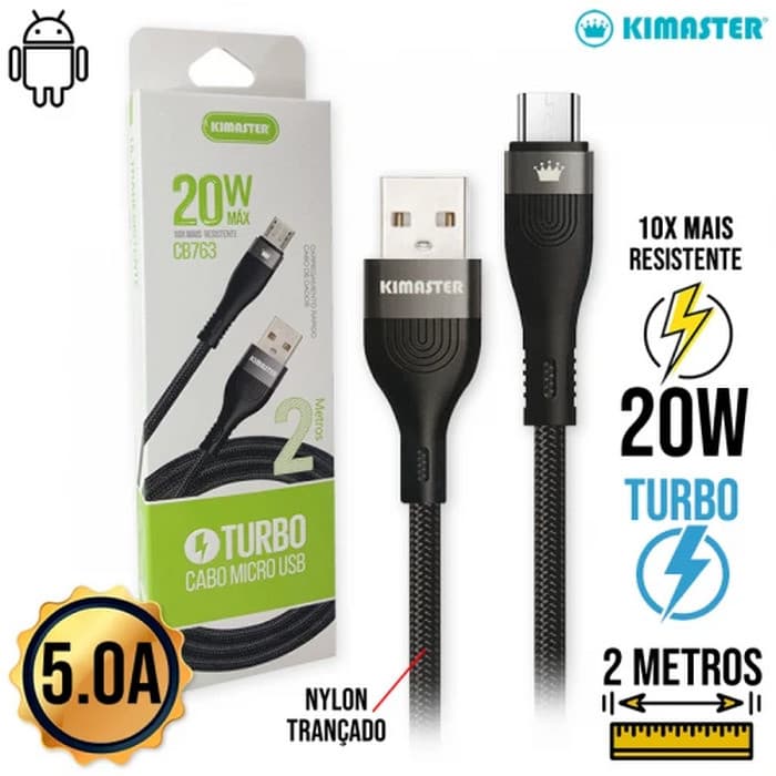 Cabo V8 2m Turbo 20W CB763 Kimaster - Preto