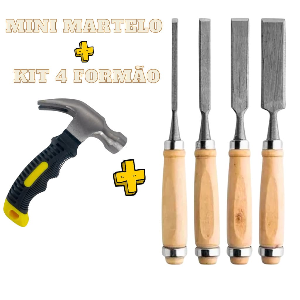 Kit Jogo Formão Grossa 4 Peças + Mini Martelo Profissional