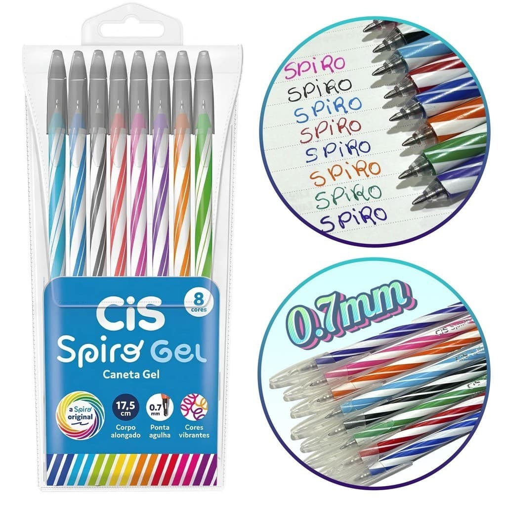 Caneta Esferografica Spiro Gel 0.7mm 8 Cores Cis - Ponta Agulha Ultra Fina