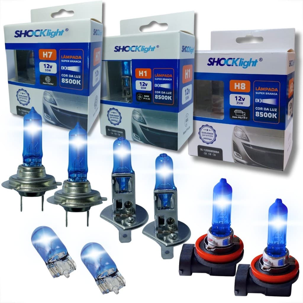 KIT PAR LÂMPADAS PARA FAROL ALTO BAIXO MILHA E LANTERNA H1 H7 H8 E T10 SUPER BRANCO SHOCKLIGHT DUPLO FOCO