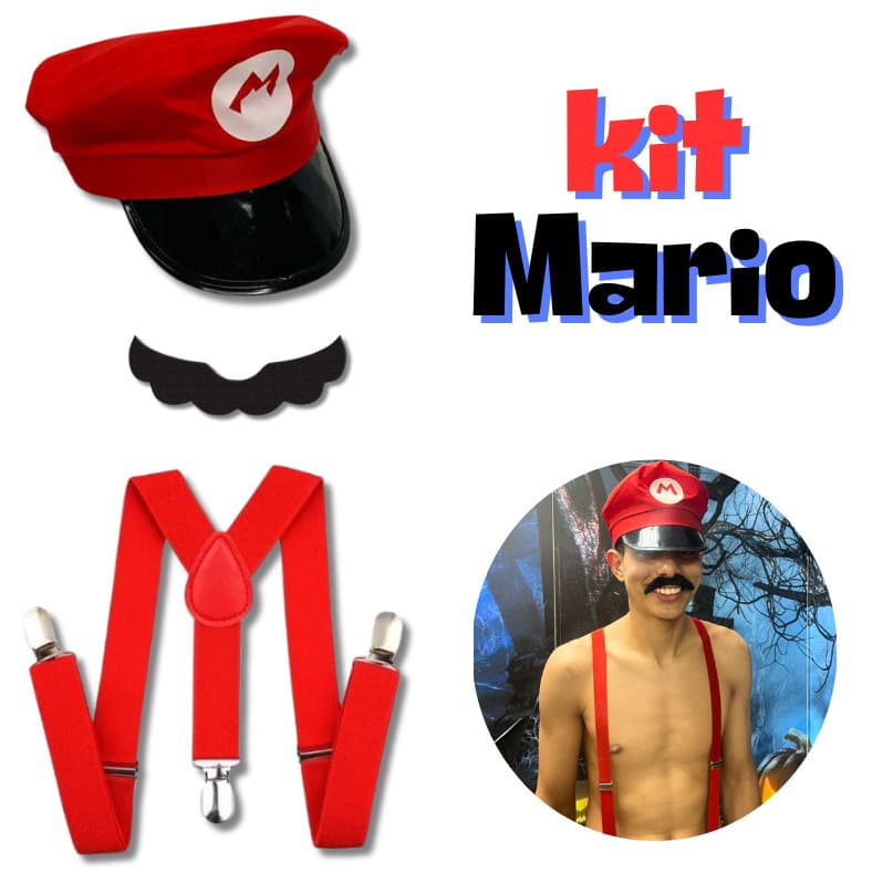 Kit Super Mário Fantasia Boina C/ Bigode Suspensório Para Carnaval E Festas ADULTO/Infantil