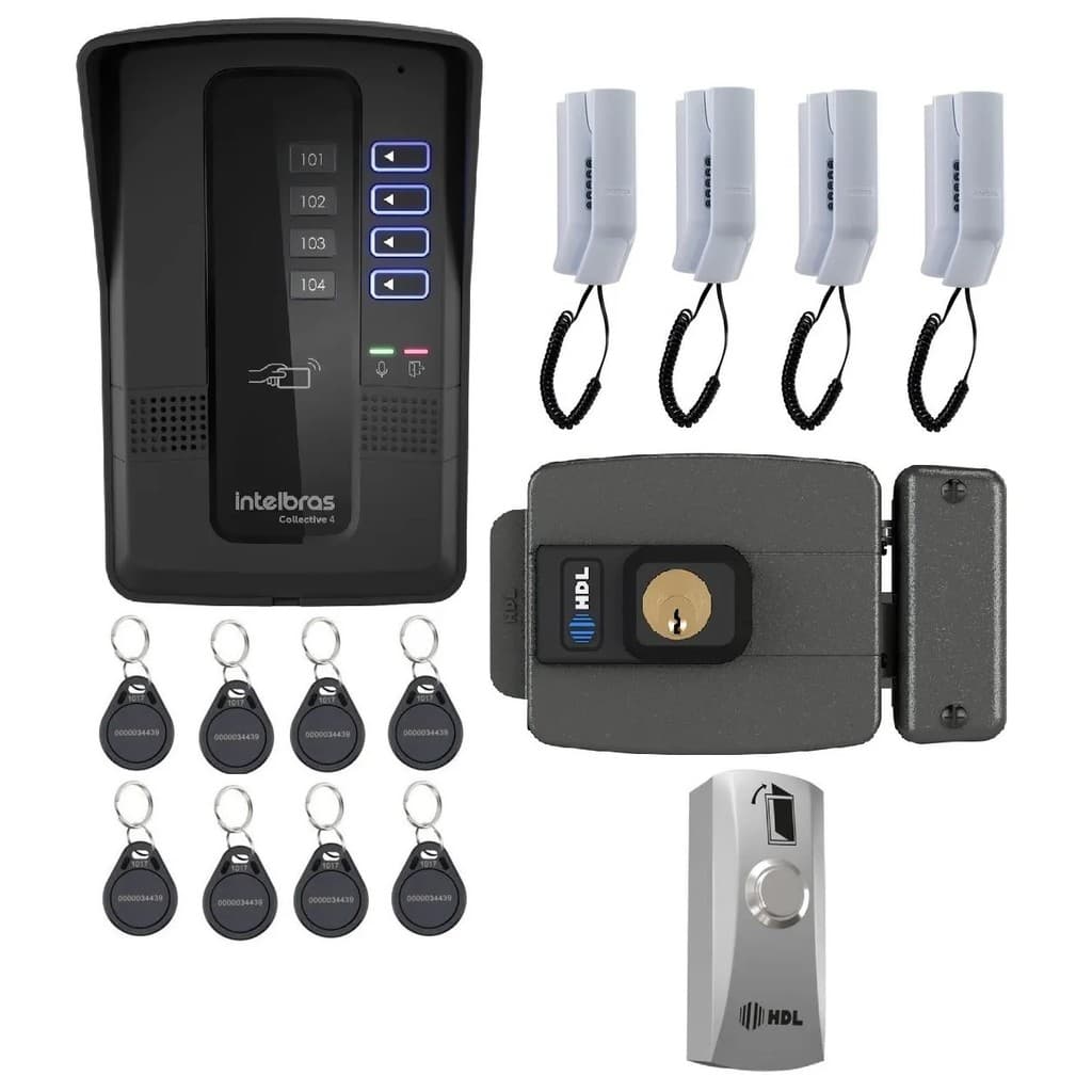 Kit Porteiro Eletrônico Coletivo de 4 Pontos Fechadura HDL e Botão