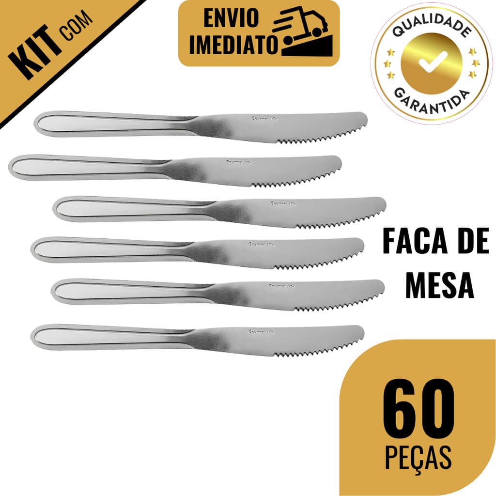 Kit 48/60 Faca de Mesa Conjunto Aço Inox Talher para Cozinha Restaurante Hotel Buffet Lanchonete Bar