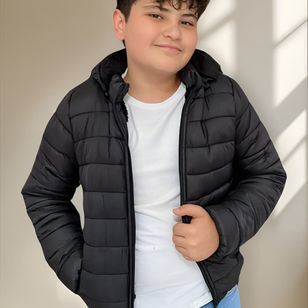 Jaqueta de frio peluciada infantil masculina feminina blusa casaco puffer corta vento - Primeira linha