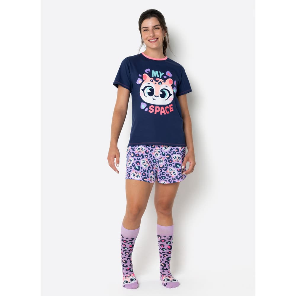 Pijama Manga Curta Algodão Feminino Onça - Puket