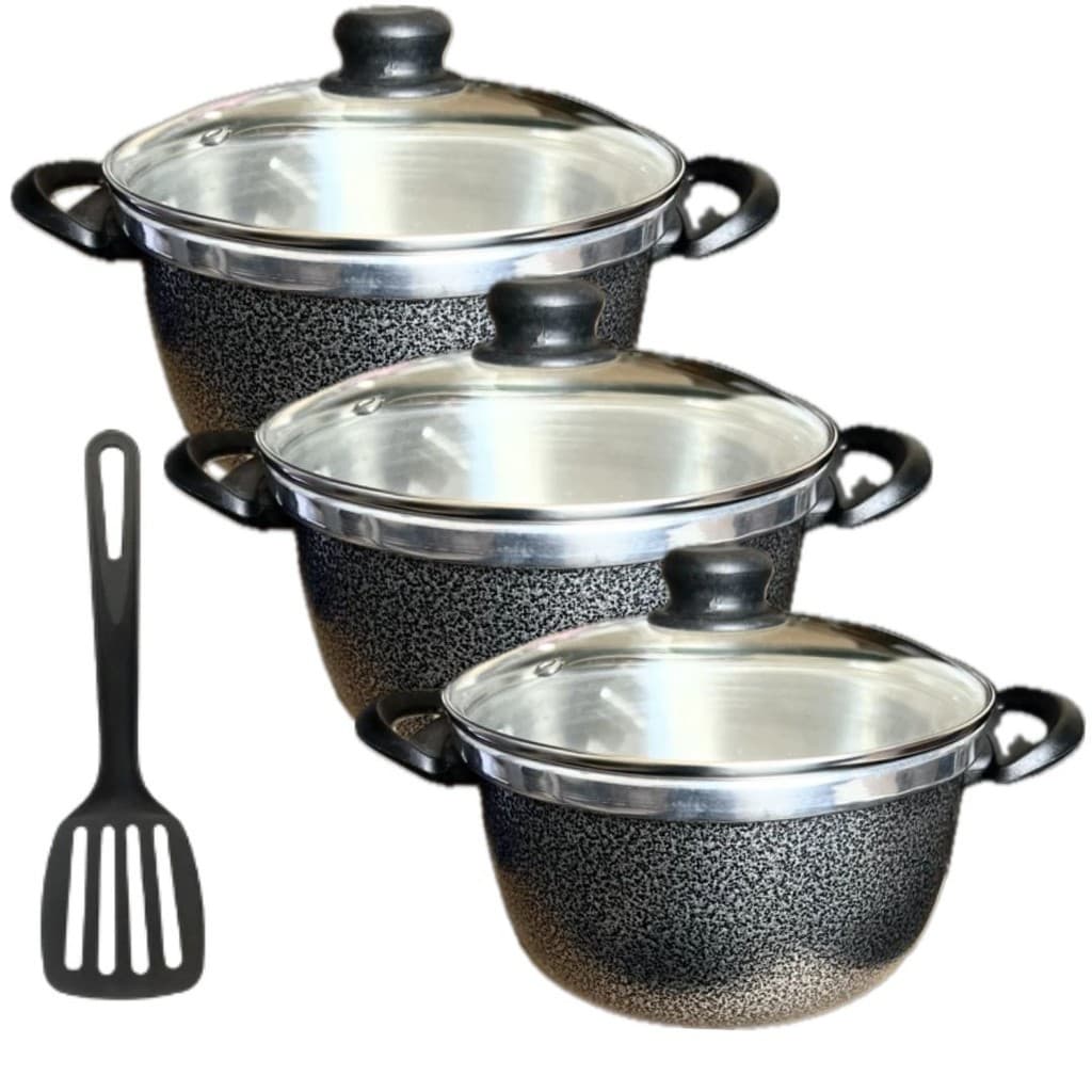 Kit 3 Caçarolas  Panelas Alumínio Grosso CRAQUEADO Tampa de Vidro 1 Espatula N. 18 e N. 16 N. 14,