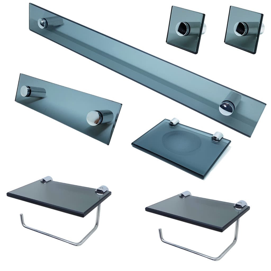 Kit De Acessorios P/ Banheiro 7 Pcs Em Vidro Fume KIT_EF_44