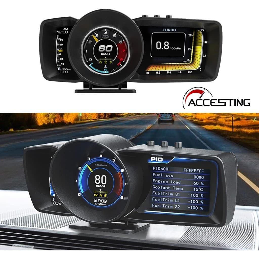 Velocímetro digital de sistema duplo OBD2 + GPS com 3 telas LCD, painel multifuncional e computador inteligente