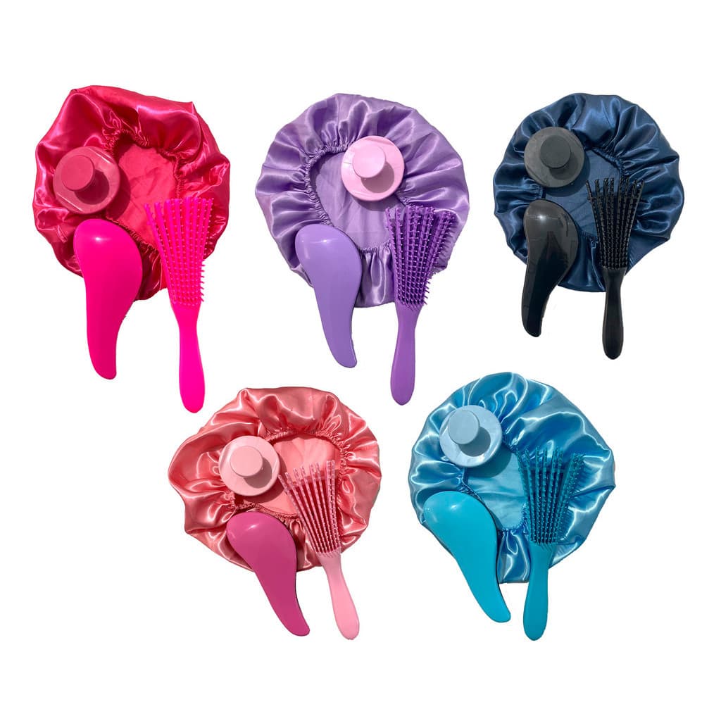 Kit Escova Polvo com Massageador Silicone e Touca de Cetim para Cabelos