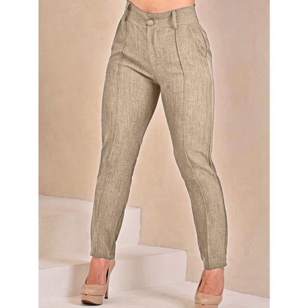 Calça Slim Linho Social Cintura Alta Feminina Elegante Reta Casual com Risco