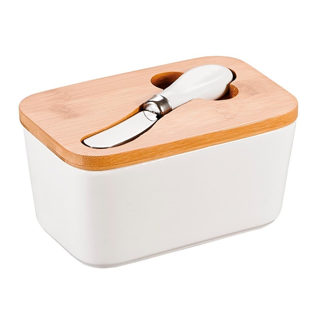 Manteigueira Branca Com Tampa Bambu Hermética E Espátula Inox Porcelana Cozinha Organização Mesa
