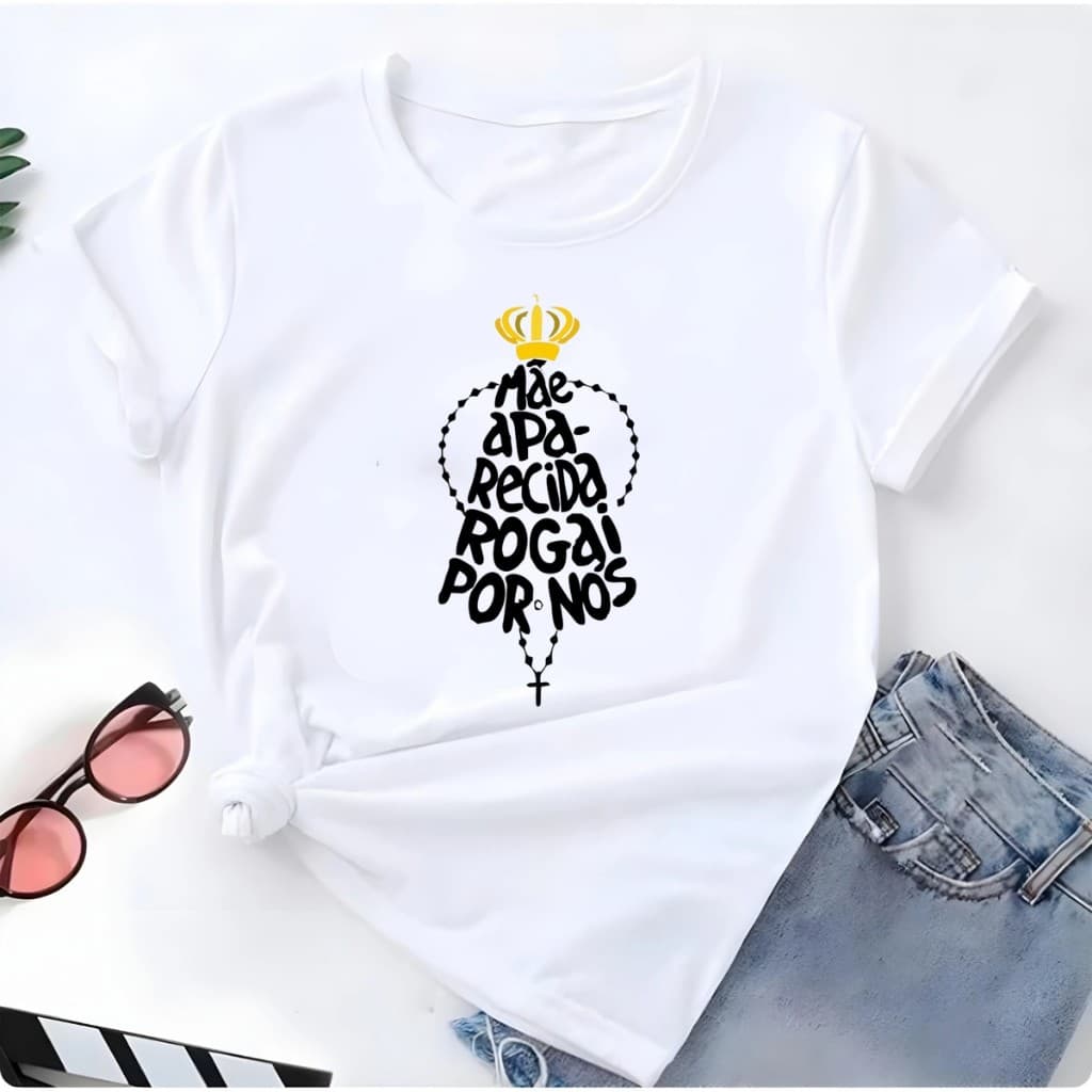 Blusa T-shirt Linda Camiseta Feminina Mãe Aparecida Rogai Por Nós Camisa