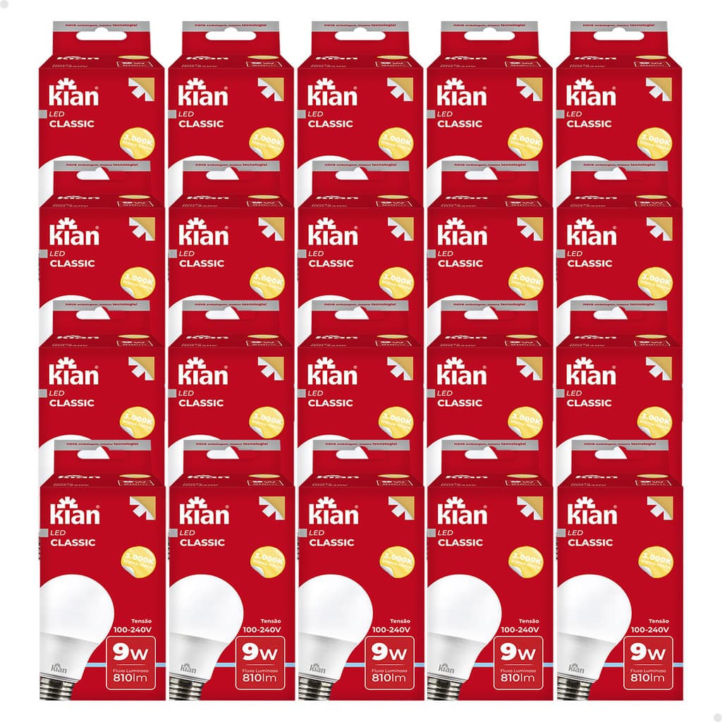 Kit 20 Lâmpada de Led 9w Bulbo 3000k Morna E27 110/220v Kian