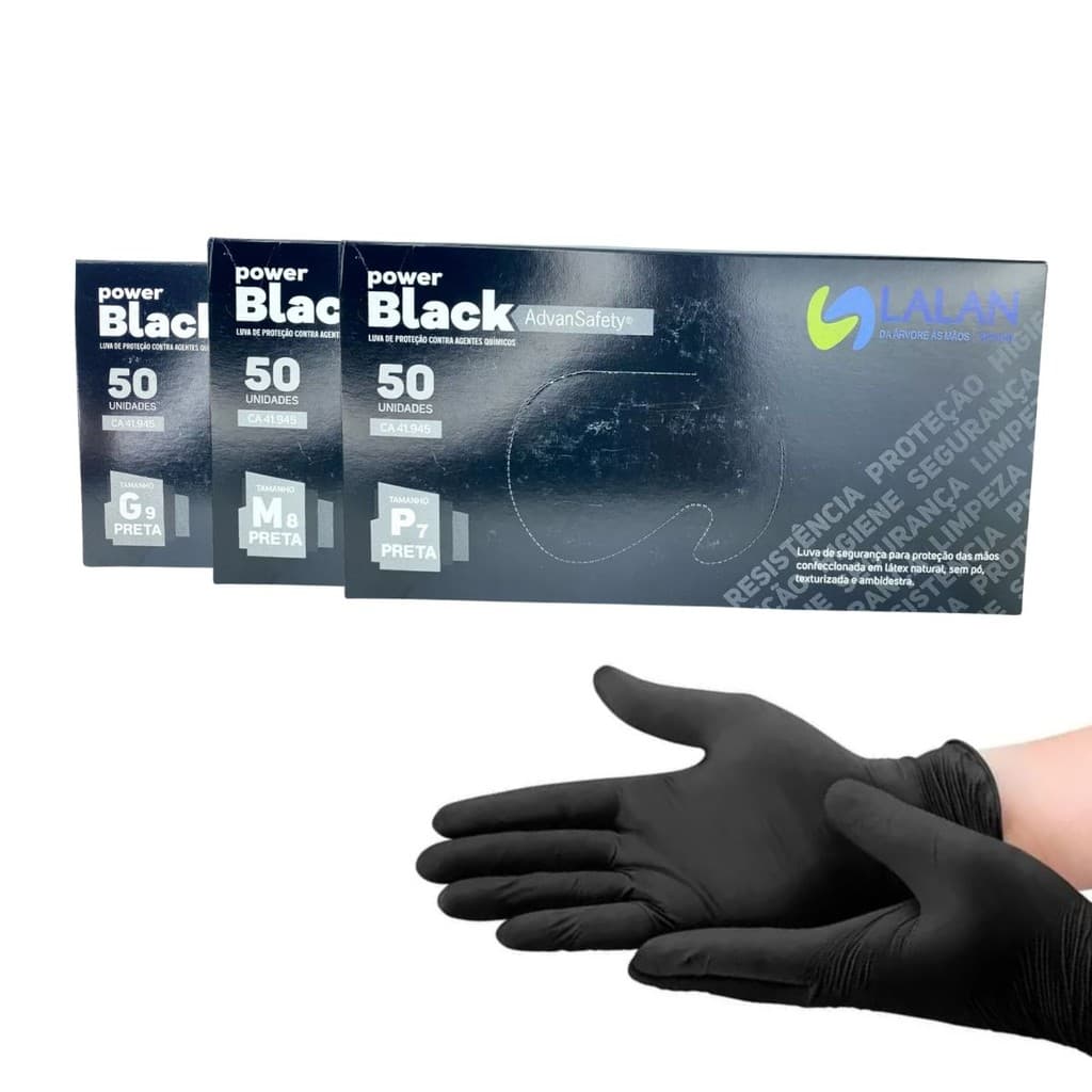Luva de Látex Lalan Power Black 50un