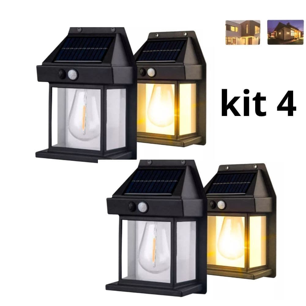 Kit 4 Luminária Arandela Vintage Placa Solar Lâmpada Externa Moderna Decoração Com Sensor