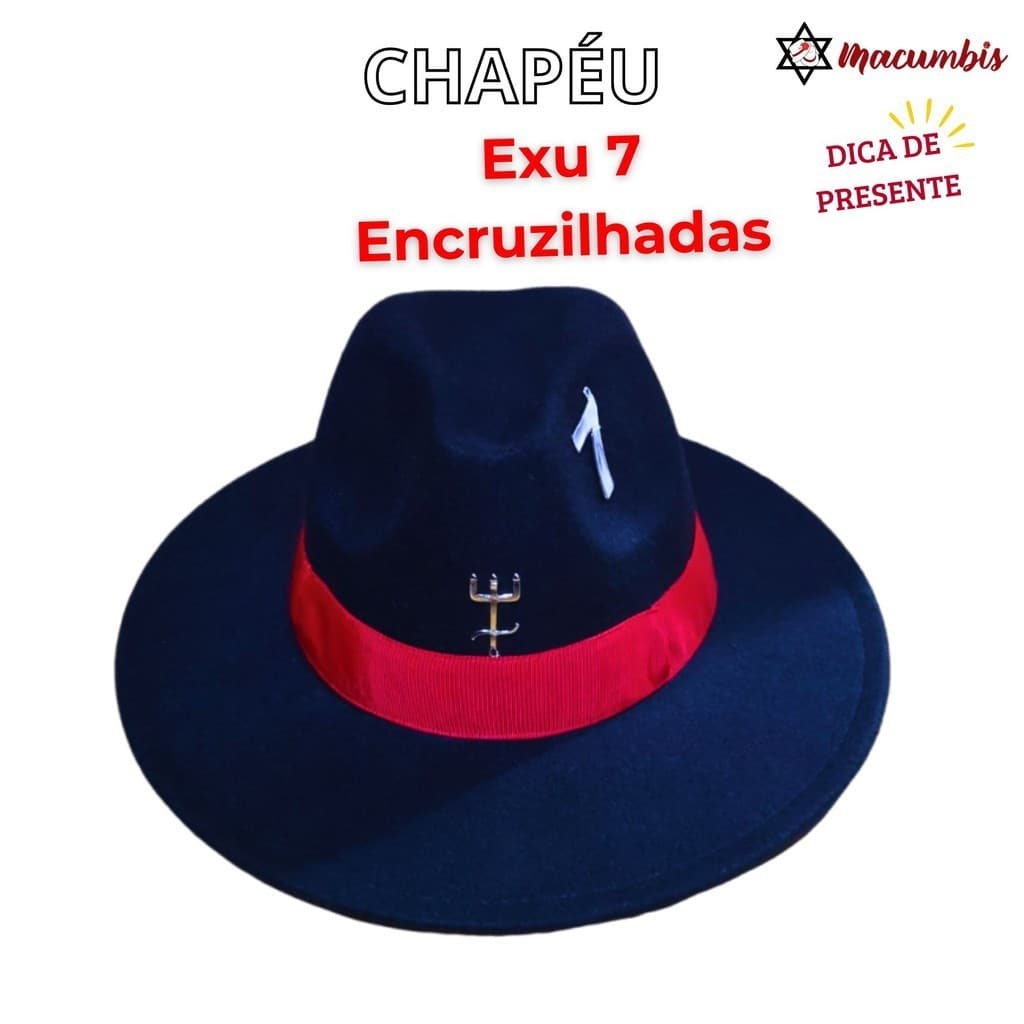 Chapeu Exu Sete Encruzilhadas Preto Faixa Vermelha Tridente