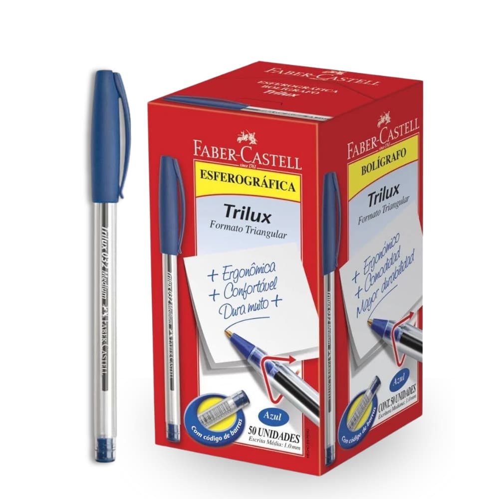 Caixa Caneta Esferográfica Faber Castell 50 Unidades Azul Preta Vermelha Trilux Ponta 1.00 MM 3 Cores Escritório Escola
