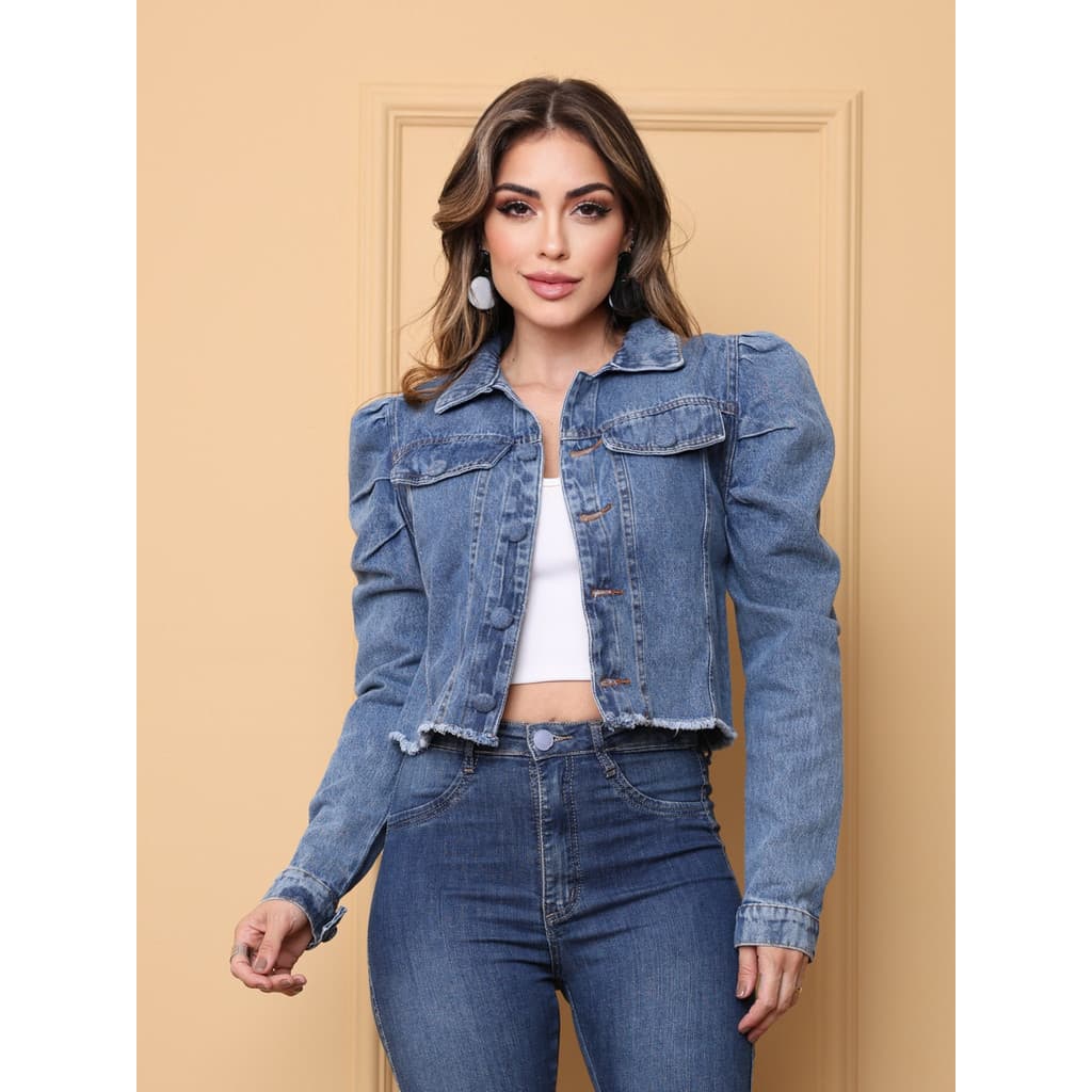 Jaqueta jeans feminina novo estilo com mangas bufantes/2024 está muito na moda e popular