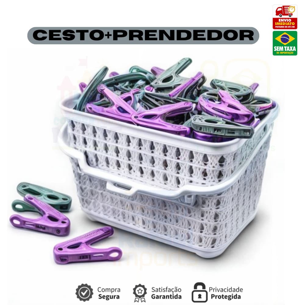 Cesto Com Alça + kit 48 prendedores pregador Organiza Prendedor de Roupas Lavanderia - Lig Brin