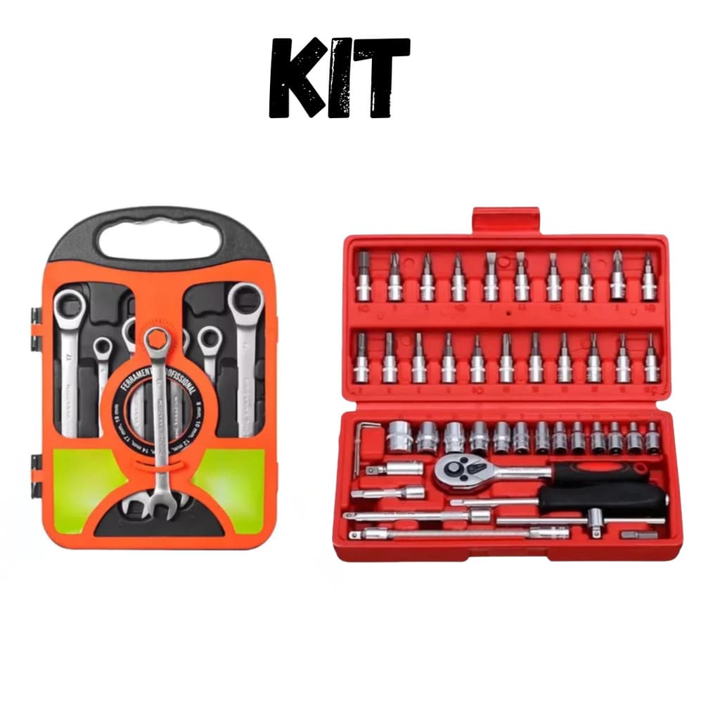 Kit Jogo Chaves Catraca Reversível Soquetes 46 Peçsa + Jogo De Chaves Combinada 7 Peças