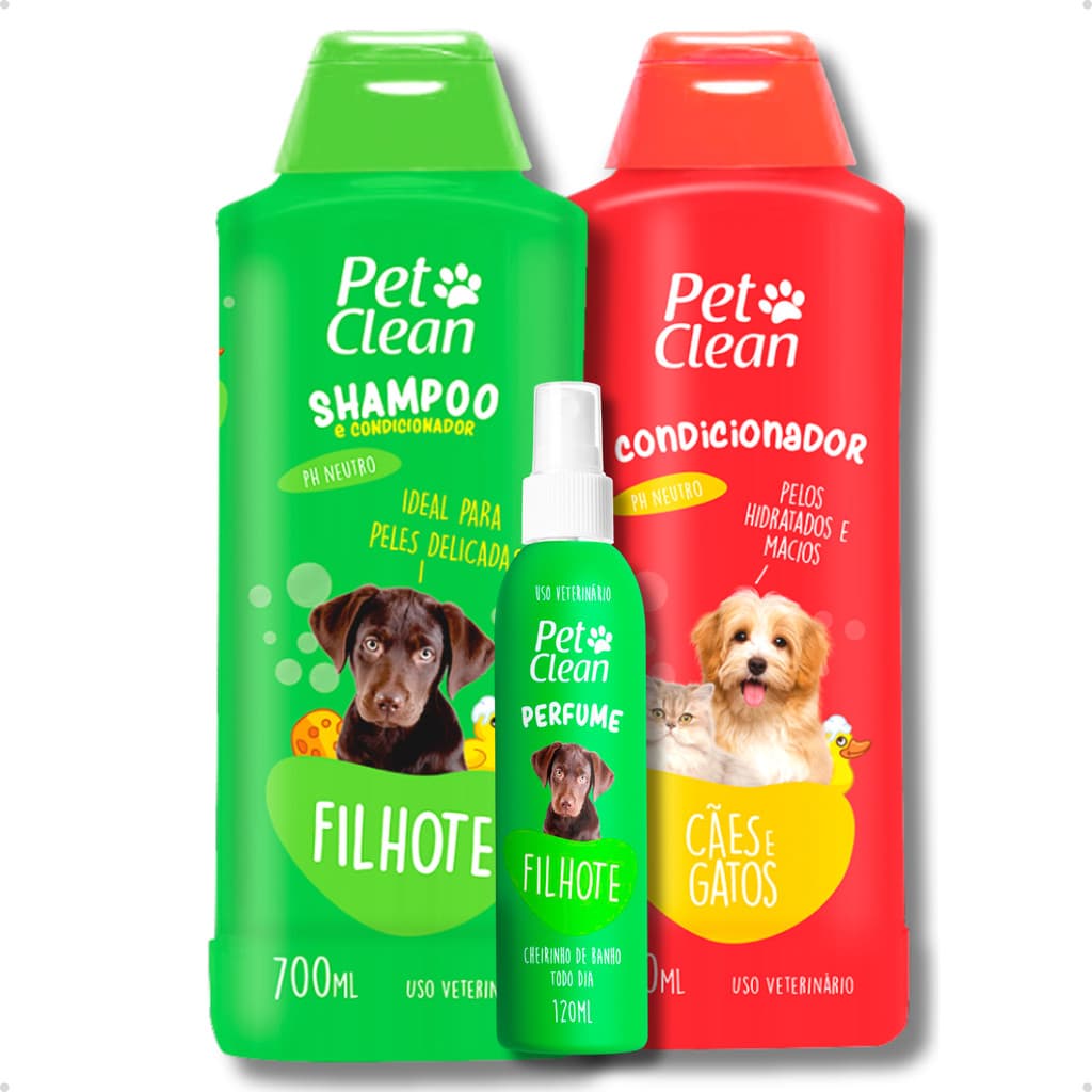 Kit Banho Pet Shop Shampoo Filhotes + Creme Condicionador + Perfume Filhote Pet Clean