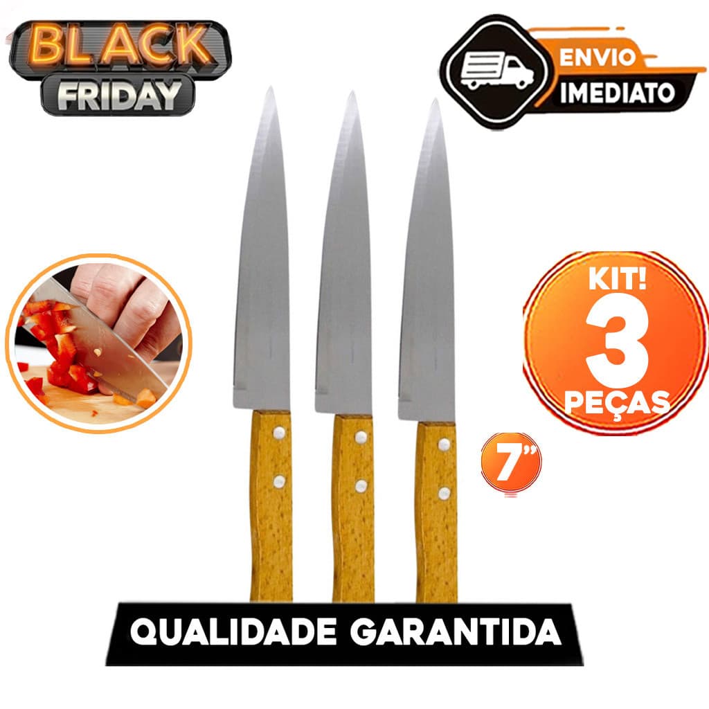 Kit 3 Peças Faca Inox Chef 7 Cabo de Madeira Linha Profissional 31cm Casa Cozinha Restaurante