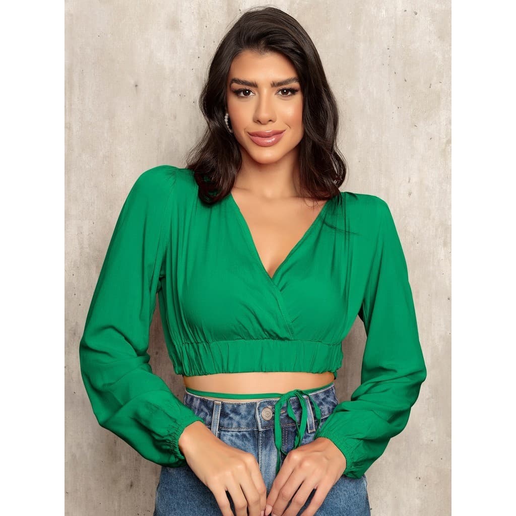 Cropped Com Manga De Amarração Na Frente