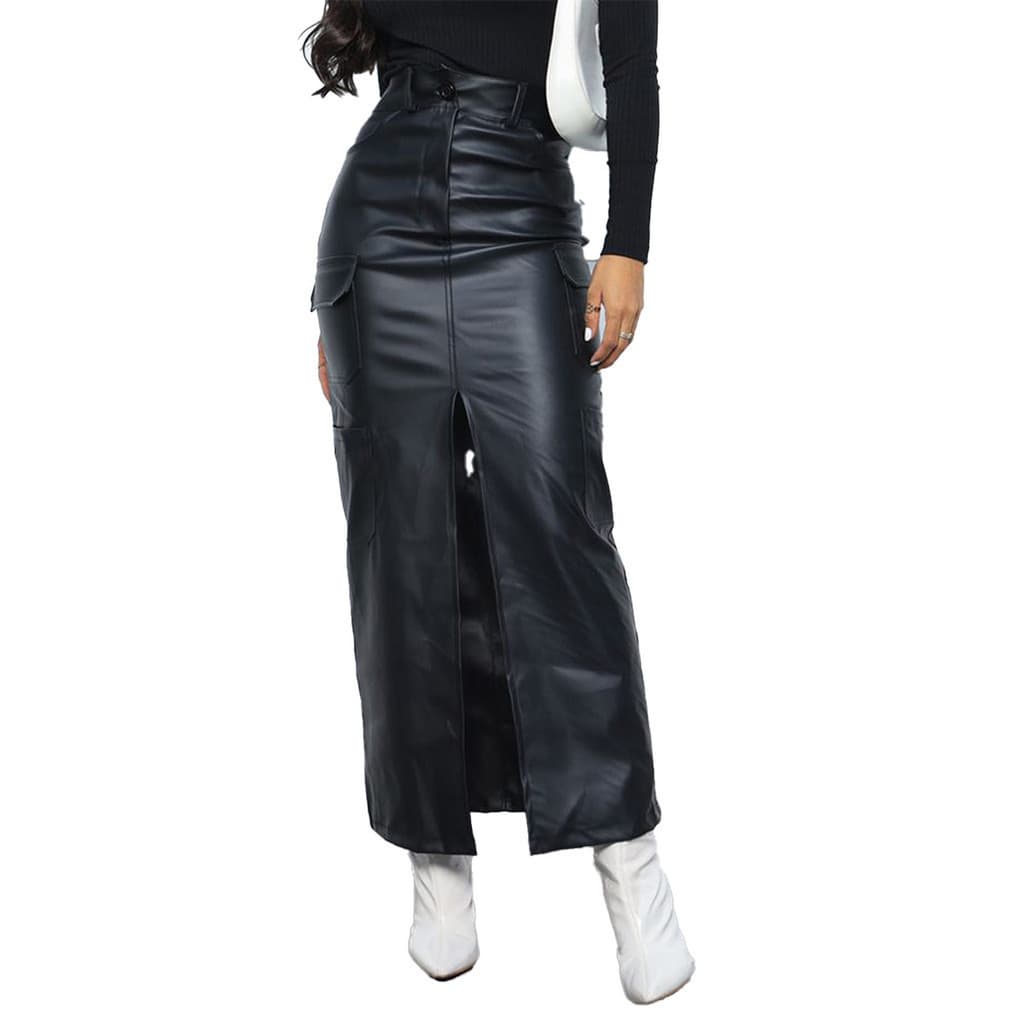Saia Longa Feminina Couro Fake Cintura Alta Fenda Tendencia