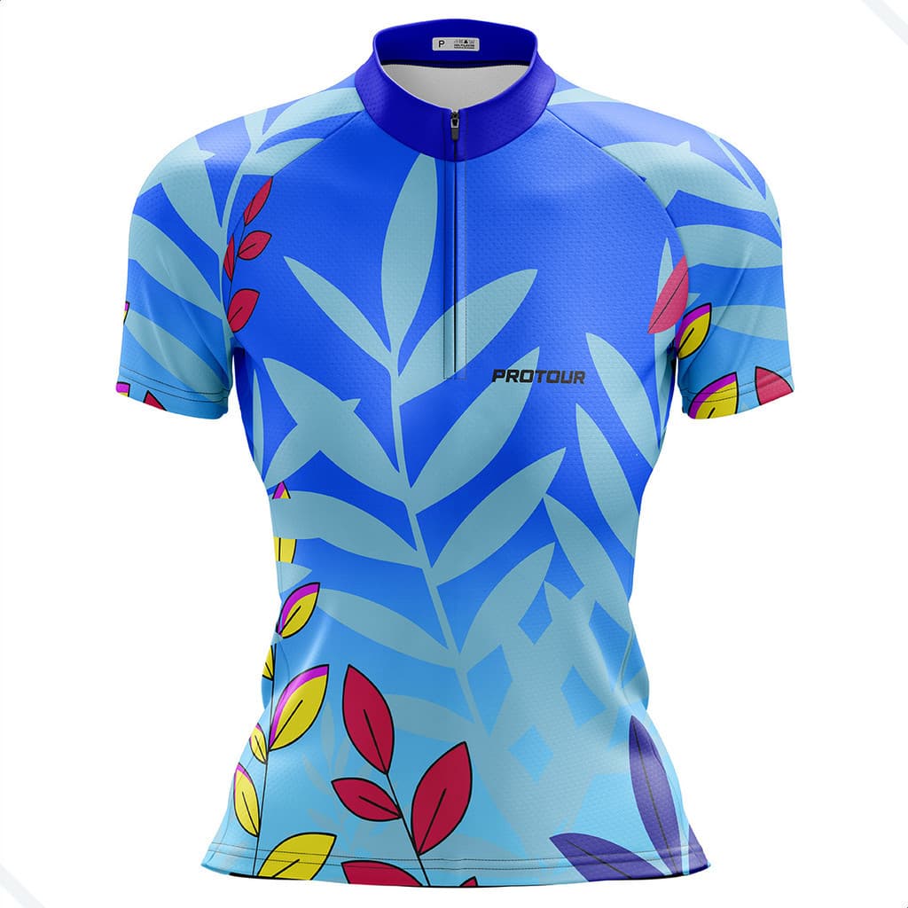 Camisa Ciclismo Feminina Dry Fit com Proteção UV Bike MTB Speed Pro Tour Folhas Azuis