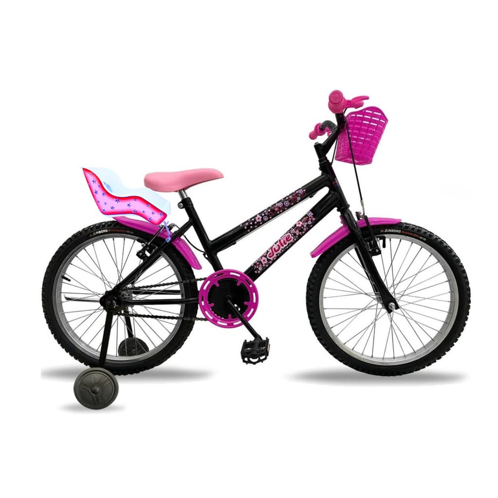 Bicicleta Infantil Feminina Aro 20 Preta/Rosa Com Roda Lateral e Cadeirinha Boneca Bike Infantil