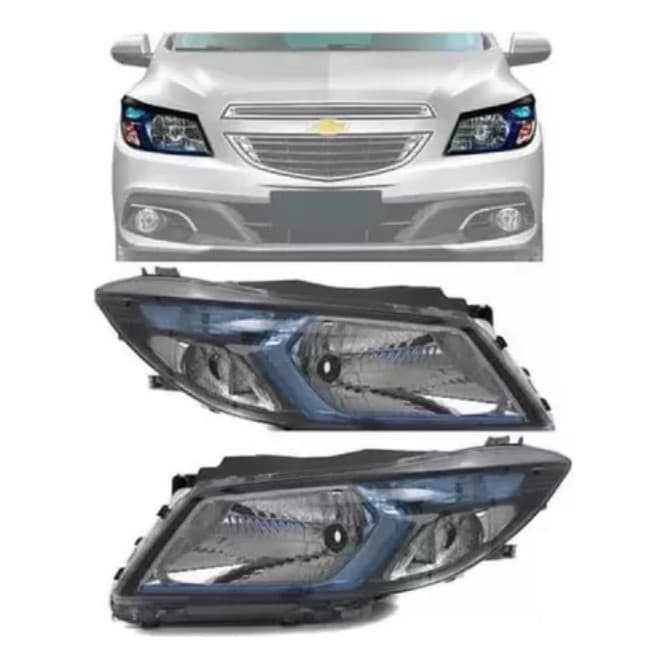 Par Farol Onix Prisma 2012 A 2019 Simples Negra Moldura Azul