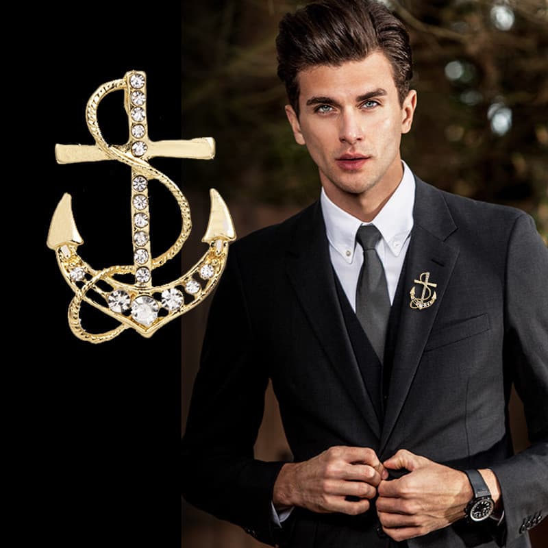 Broche De Âncora De Strass De Cristal Masculino Corsage Terno Acessórios De Moda Distintivo