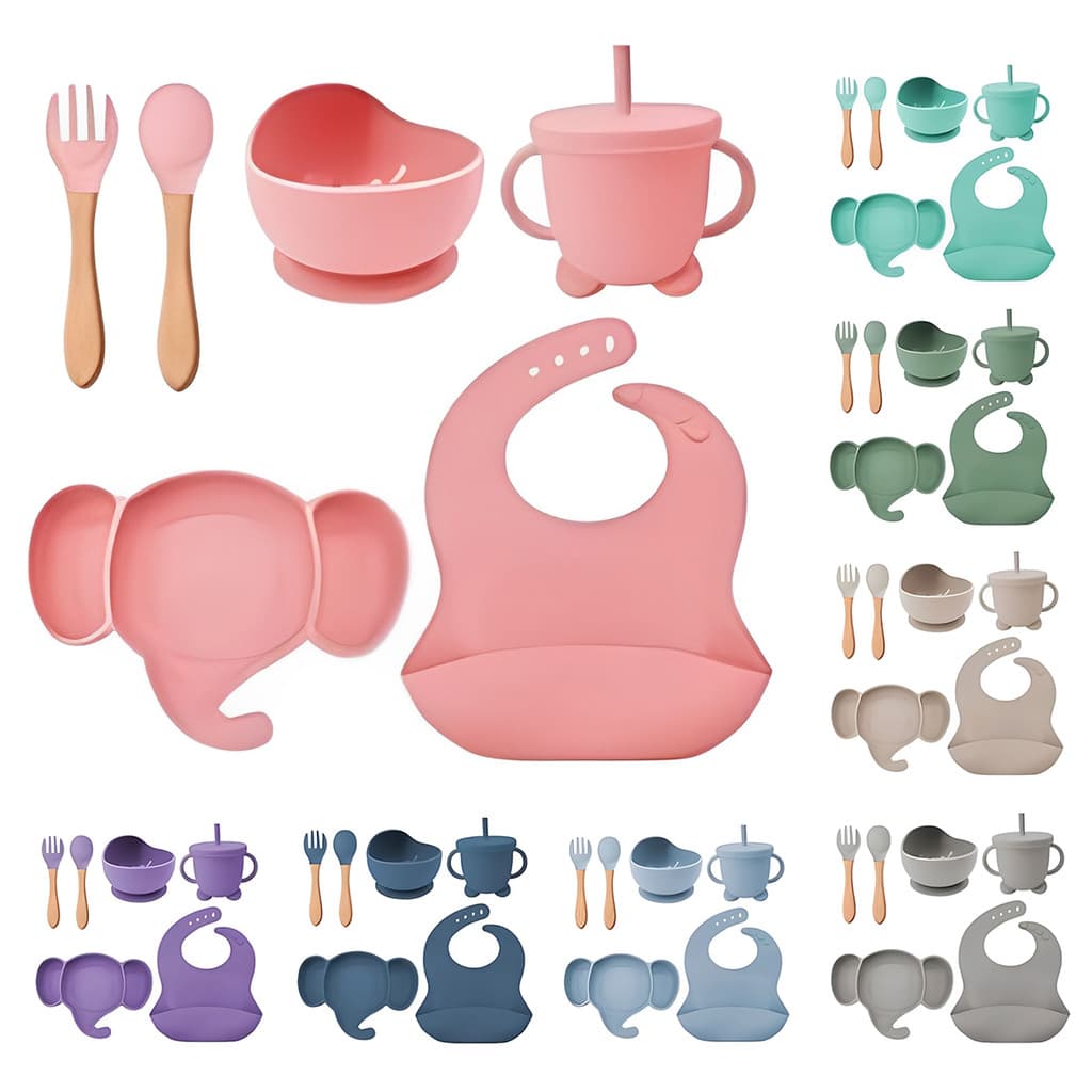 Kit Alimentação Bebê Silicone Prato Copo Talher Babador Pote