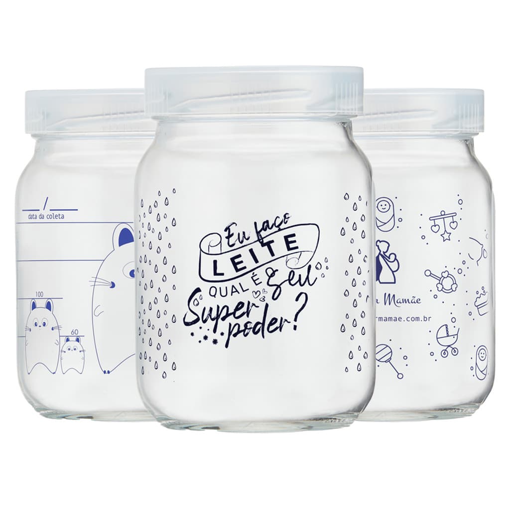 Kit 3 Potes Vidro Armazenar Leite Materno Decorados 360 Graduação 200ml