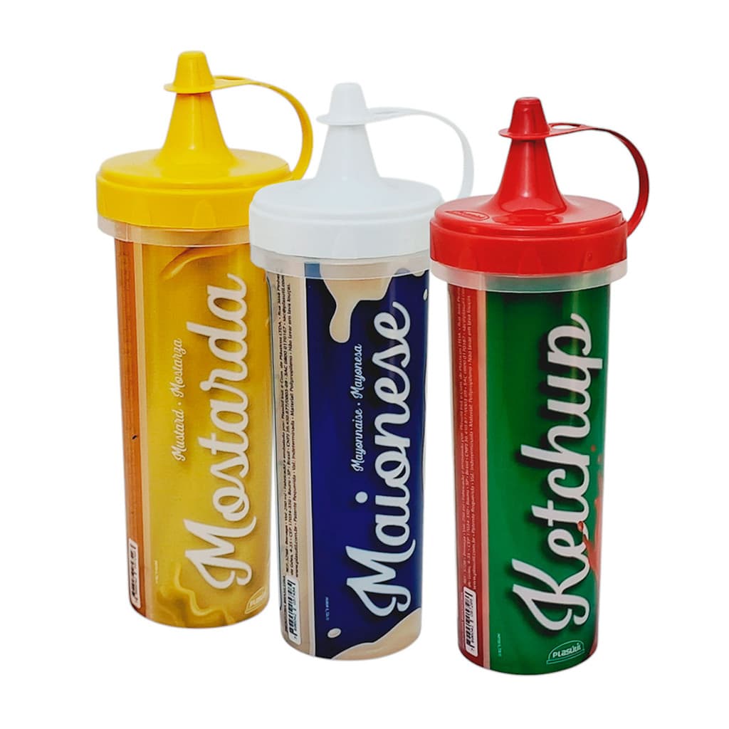 Kit Bisnaga para Maionese, Ketchup, Mostarda Profissional Lanchonete Reutilizável 250ml Original Plasútil